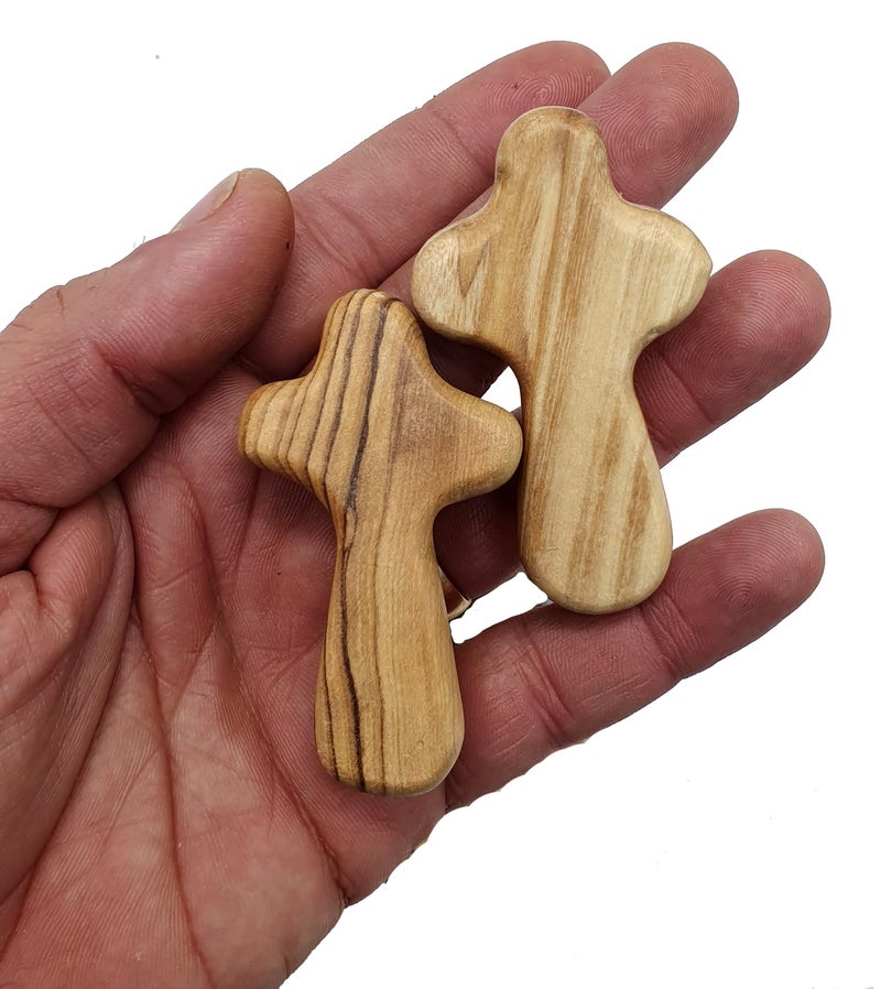Zuluf Two Small Olive Wood Crosses Pocket Holding Comfort Crosses | Handheld Comforting Design for Clutching, Clinging and With Two Holy Land Certificates 6cm / 2.5 Inch Each Cross - CRS094 - Image 1